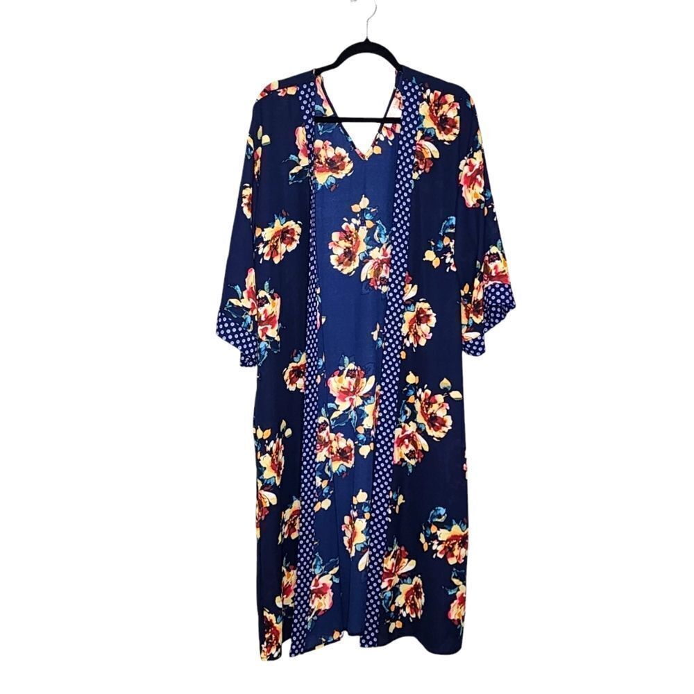 Band of Gypsies Kimono Duster L Navy Floral Open Front Boho Beachy Festival